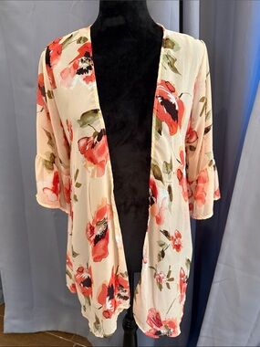 Floral Open Front Kimono in Cream and Coral